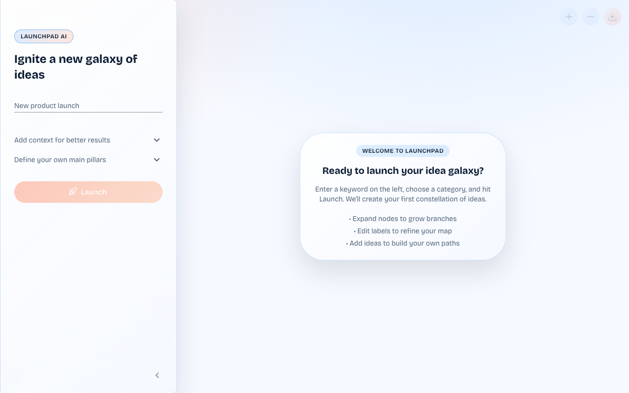 The launch screen, a keyword and a category to start from.